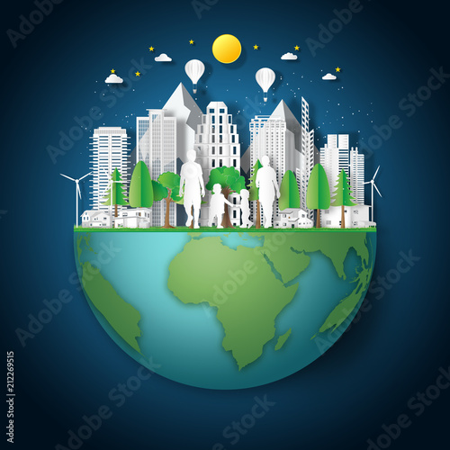 peoples exercise and relax in the night city on summer, fresh air in the park on the world as nature, healthy, paper art and craft style concept. vector illustration