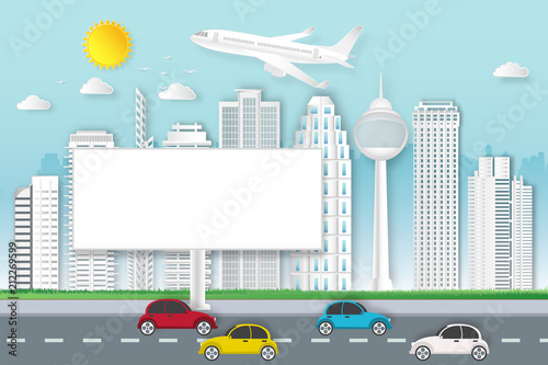 white blank billboard in modern cityscape urban in the morning working day as business, advertisement, advertising, travel popular city, paper art and craft style concept. vector illustration