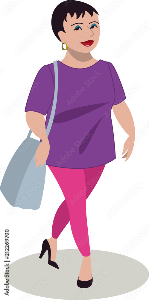 Lady wearing tunic top and leggings, carrying a shoulder bag, walking. Lady wearing tunic top and leggings, carrying a shoulder bag, walking.
