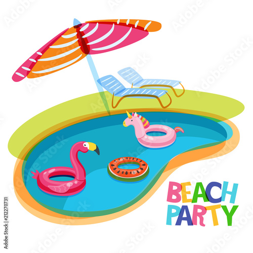 Swimming pool with float rings flamingo, unicorn, watermelon. Vector hand dra...