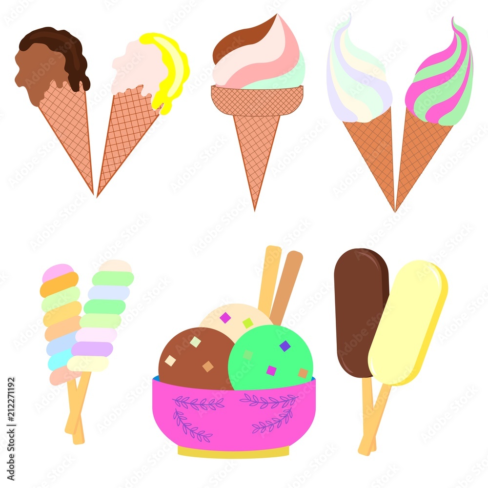 ice cream of different varieties, in waffle cups, balls, on a stick ice cream of different varieties, in waffle cups, balls, on a stick