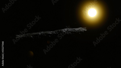 Oumuamua Comet moving through space with the sun and stars in background, Realistic and detailed photo