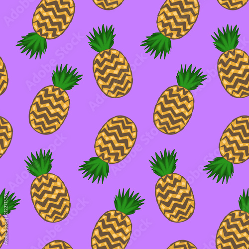 Bright psychedelic purple seamless pattern with cartoon pineapples. Doodle summer colorful ananas texture for textile, swimwear, wrapping paper, background, surface