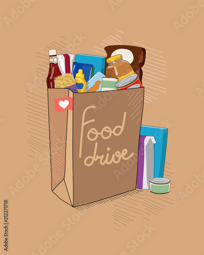 Food Drive charity vector illustration with brown paper bag with tittle and non perishable food packages. Help for people.