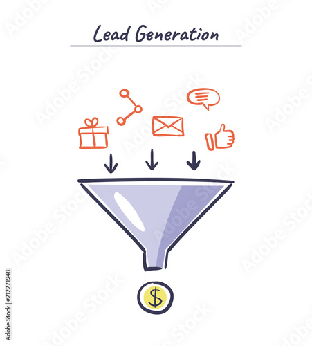 Process of leads production in sales funnel. Online marketing hand drawn illustration. Lead generation vector concept.