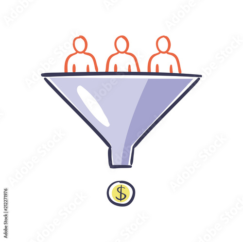 Visitors enter the sales funnel. Internet marketing conversion concept. Conversion Rate Optimization - vector illustration.