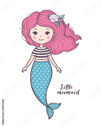 Cute little mermaid. Beautiful cartoon mermaid girl with pink hair, character design, isolated on white background. Vector illustration.