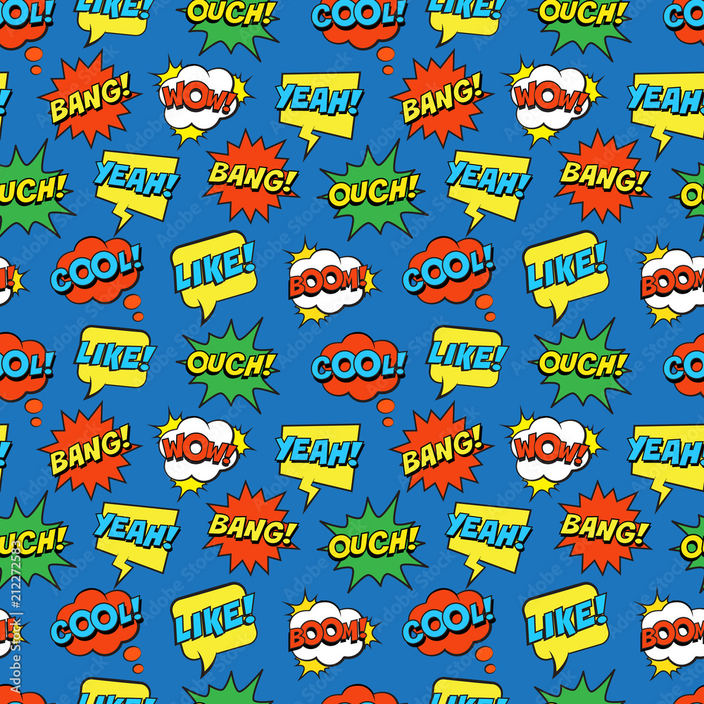 Seamless colorful pattern with comic speech bubbles on blue background. Expressions COOL, YEAH, BOOM, WOW, OUCH, BANG, LIKE. Vector illustration of modern vintage stickers, pop art style