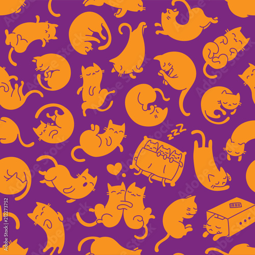 Sleeping Cats Seamless Pattern and Background, Orange on Purple