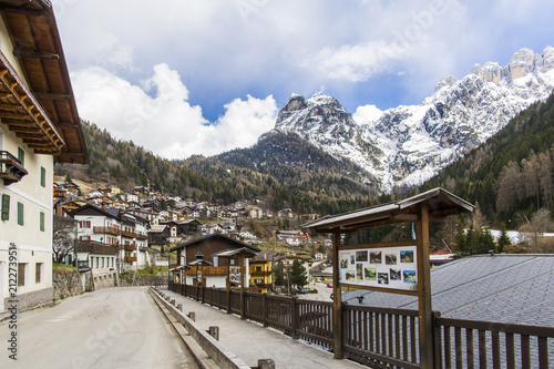 Alleghe, Belluno,italy 5 April 2018: a charming mountain village located in a unique natural setting overlooking its fascinating lake, in the geographic heart of the Dolomites. World Natural Heritage
