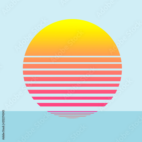 Illustration of a minimalist beach with a sun at sunset in yellow, orange and pink tones. Background is a calm blue sea and clear blue sky. © EuGeniaArt