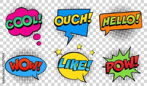 Retro comic speech bubbles set on transparent background. Expression text POW, COOL, OUCH, HELLO, LIKE, WOW. Vector illustration, vintage design, pop art style.