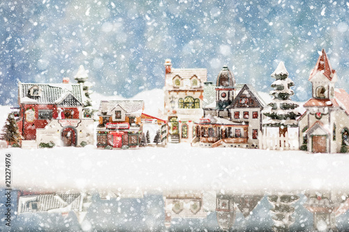 Canvas Print Snowy North Pole Santa's Village with reflection photo to make a festive Christm