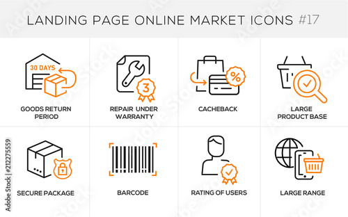 Flat line design concept icons online shopping, e-commerce m-commerce services, payment procedure, support, delivery process, online order procedure, website banner and landing page