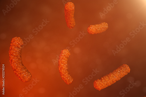 3D illustration virus bacteria. Viral infection causing chronic disease, decreased immunity. Red bacteria under microscope close-up. Virus abstract background in space.