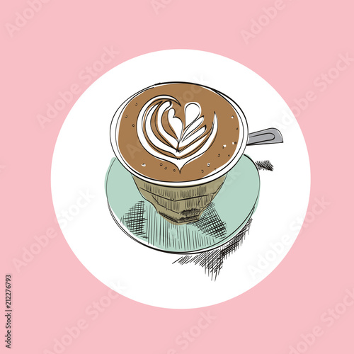 coffee cup vector hand drawn illustration. flat white latte sketch. hand drawn cafe watercolor drawing.