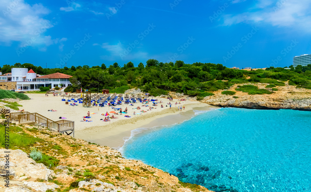 Cala Domingos exotic beach in summer holiday. Traditional turquoise water of the sea on Mallorca island