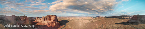 Panoramic sunset aerial view of Arches National Park from helicopter  Utah