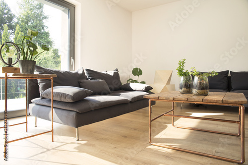 Stylish and modern scandinavian interior with wooden table, plants and geometrics boxes . Bright and sunny room with plants and brown wooden parquet.