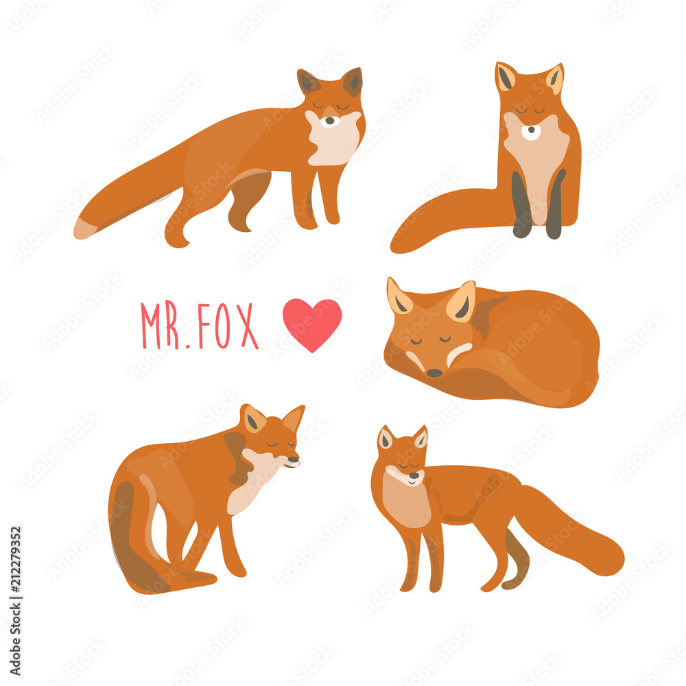 cute fox collection card. children book element. sleeping animal, wildlife, forest, wood. beautiful baby fox.
