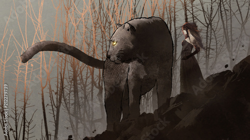 gigantyczna czarna pantera i jej właściciel stojący na skalnej górze, cyfrowy styl sztuki, malarstwo ilustracyjne