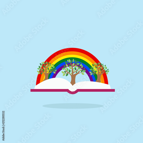 Open book with tree and rainbow. Inspiration pictogram. Power of knowledge and education sign.
