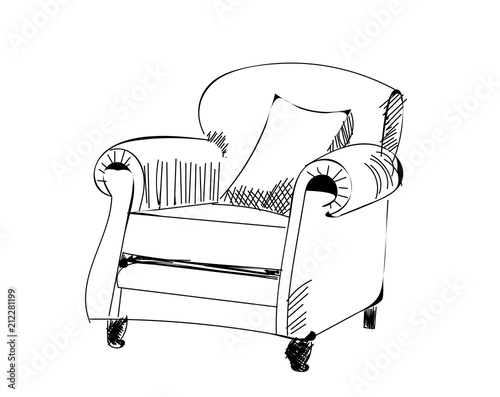 armchair sketch. hand drawn chair. vector furniture illustration. mid century modern interior design. 