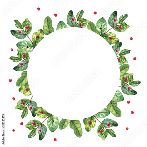 Round floral frame with leaves and berries. Watercolor hand drawn illustration