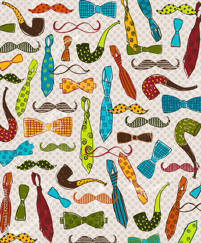 Mustache, necktie, bow tie and pipe print. Colorful, quirky illustration for Father's Day, birthday, card, decor, apparel and more. Masculine.