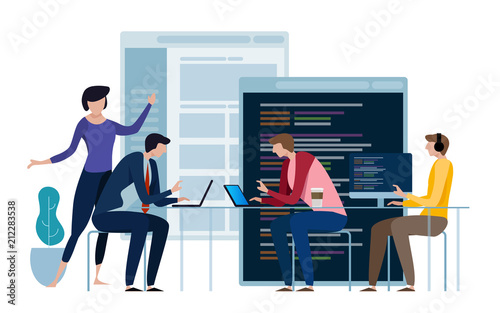 Developing programming and coding technologies. Website design. Programmer working in a software develop company office in a team work.