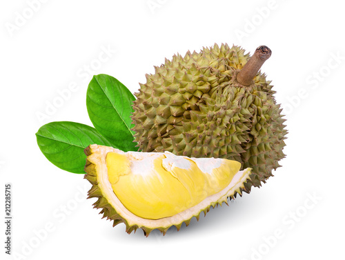 durian tropical fruit with green leaf isolated on white background