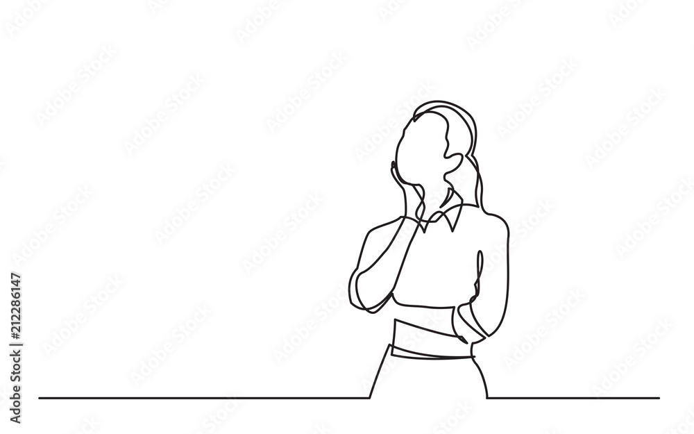 continuous line drawing of standing woman thinking - obrazy, fototapety, plakaty 