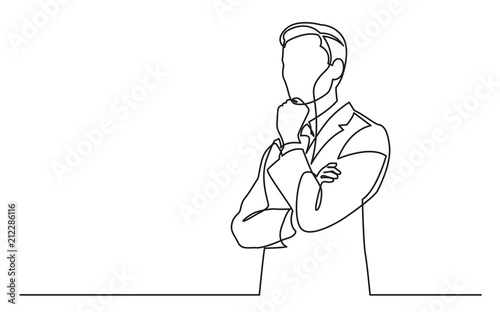 continuous line drawing of businessman thinking hard