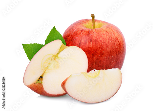 whole and half red gala apple with green leaves isolated on white background photo