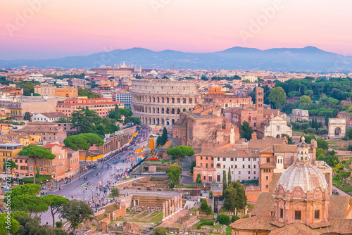 Top view of  Rome city skyline with Colosseum and Roman Forum