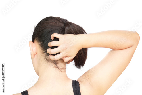 Closeup woman hand itchy scalp, Hair care concept