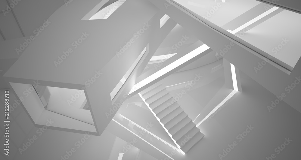 Abstract parametric white interior with neon lighting. 3D illustration and rendering.