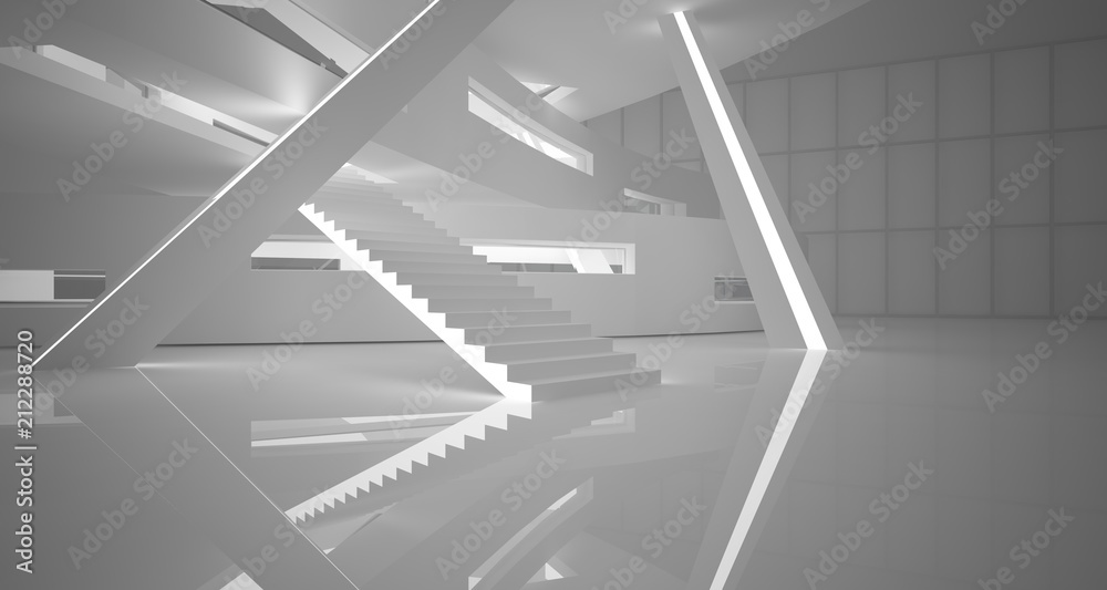Abstract parametric white interior with neon lighting. 3D illustration and rendering. Abstract parametric white interior with neon lighting. 3D illustration and rendering.
