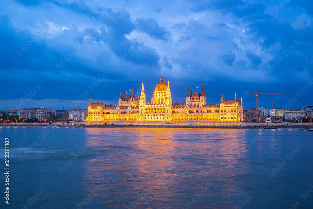 Night view of Hungarian Parliament Building in Budapest city, Hungary