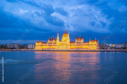 Night view of Hungarian Parliament Building in Budapest city, Hungary