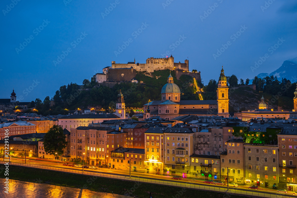 Salzburg old town at night in Austria