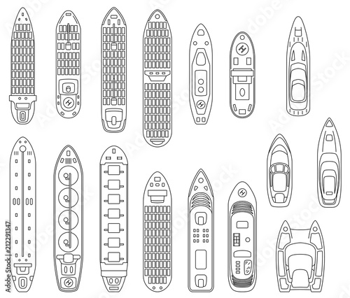 Set of commercial cargo ships. Sea transportation vehicle. Transport boat.