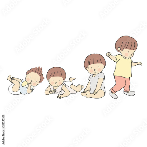 Vector illustration of baby growth stage in first year. Set of lying, rolling over, crawling, sitting, walking. 1 year child development milestone, newborn, infant, toddler. Cartoon character drawing.