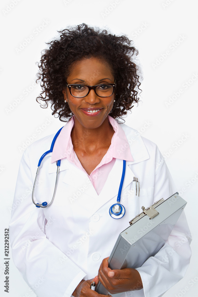 Friendly African American doctor smiling.