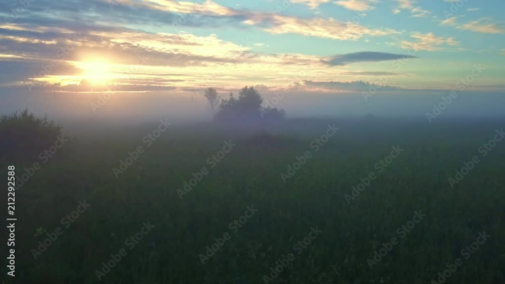 Beautiful aerial shot of thick layer of fog on fields during sunrise with expanse and endless skyline Beautiful aerial shot of thick layer of fog on fields during sunrise with expanse and endless skyline