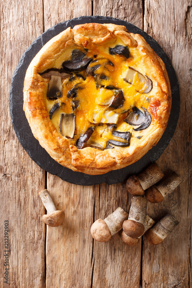 Chicago style pizza with forest mushrooms, cheddar cheese, chicken and cream close-up. Vertical top view