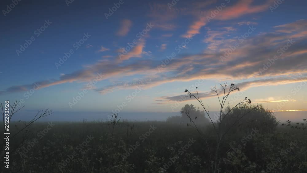 Beautiful time before  sunrise, fog on field in nature, colorful clouds on background