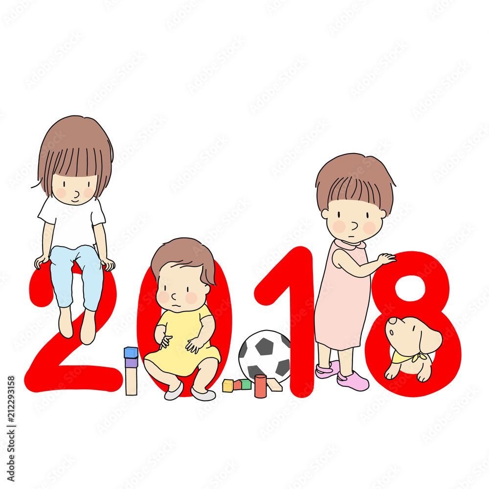Vector illustration of 2018 happy new year greeting card design. Little kids with red number 2018, building wooden block, football soft toy and dog, chinese zodiac symbol. Cartoon character drawing. Stock Vector | Vector illustration of 2018 happy new year greeting card design. Little kids with red number 2018, building wooden block, football soft toy and dog, chinese zodiac symbol. Cartoon character drawing. Stock Vector |