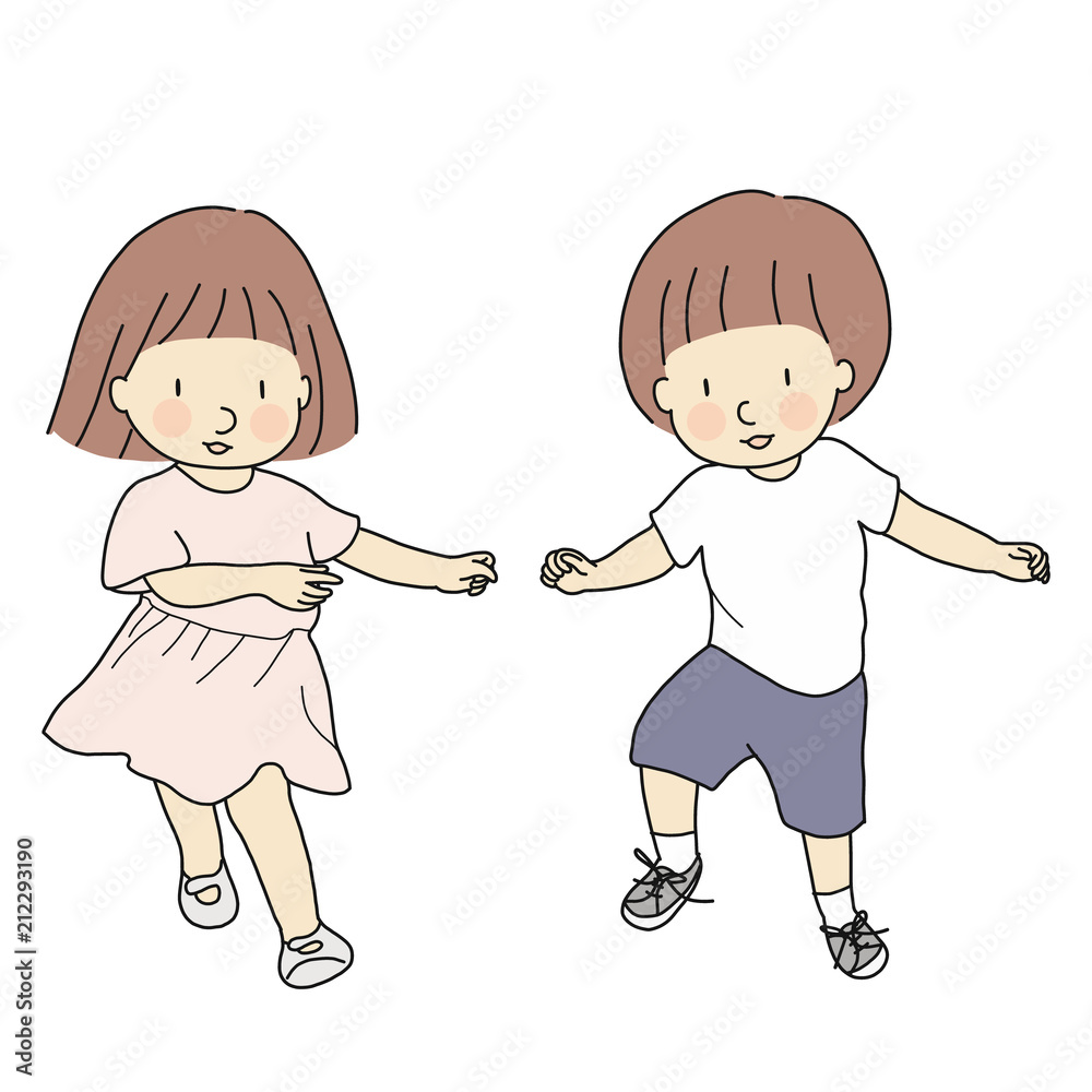 Vector illustration of happy kids, boy and girl, dancing together. Playing  and laughing. Family, brother and sister, twins, best friends concept.  Happy children day and friendship day greeting card. Stock Vector |