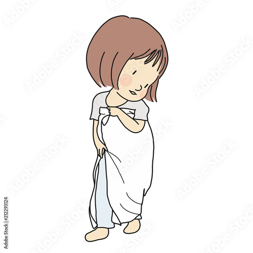 Vector illustration of little kid playing dress up by using fabric piece to make dress. Early childhood development, pretend and dramatic dress-up play, education and learning concept.